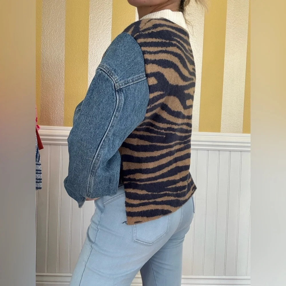 Striped Mix Fabric Denim Sleeve Jacket - Picture 2 of 6